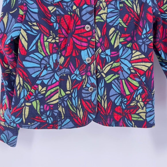 🌺 Multi-Color Floral Tropical Print Denim Jacket Resort Wear Vacation Chic Sz 12 - Picture 7 of 15